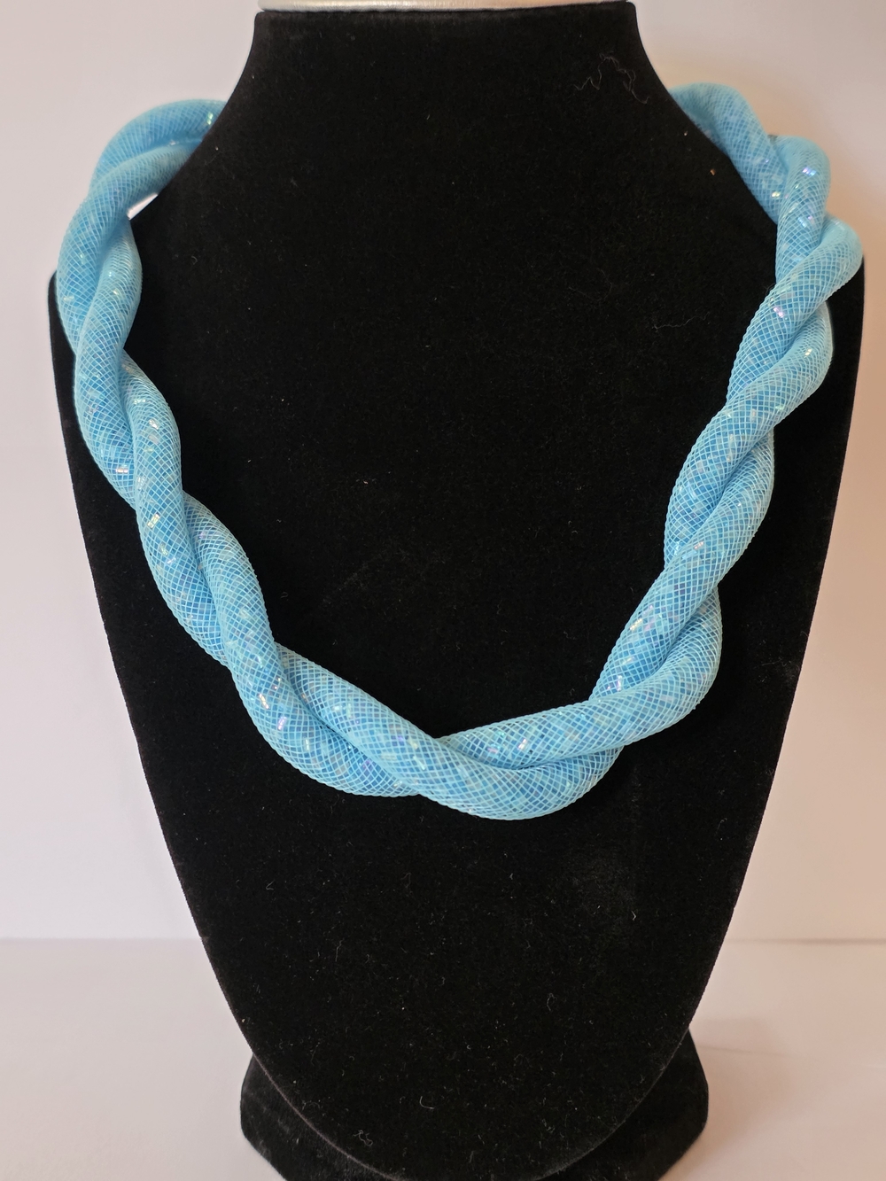 Fashion Jewelry Sky Blue Braided Mesh Necklace With Adujustsble Chain.